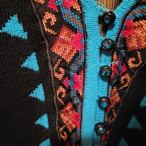 Vintage Anne Crimmins Embroidered  Black & Teal Blue Women's Sweater Sz Large - Picture 4 of 7
